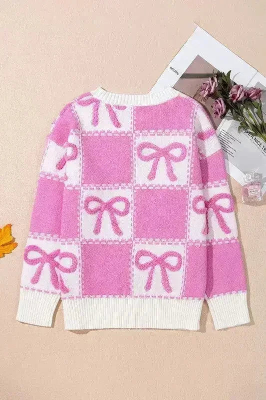 Pink Bow Knot Two Tone Checkered Crew Neck Sweater - SJB-DIAMOND ELITES