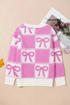 Pink Bow Knot Two Tone Checkered Crew Neck Sweater - SJB-DIAMOND ELITES