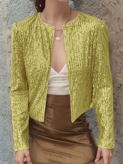 Elegant Women Full-Size Sequin Open Front Cropped Jacket With Glamorous Sparkle Luxury Women Party Jacket Stevvex