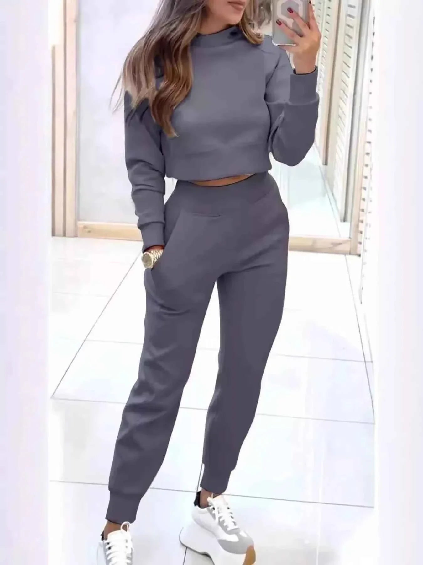 Casual Chic Cropped Sweatshirt and Jogger Set THRIXINE