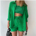 Spring Champray Lapel Long Sleeve Shirt High Waist Drawstring Shorts Plus Size Fashion Casual Set Pi-Mart