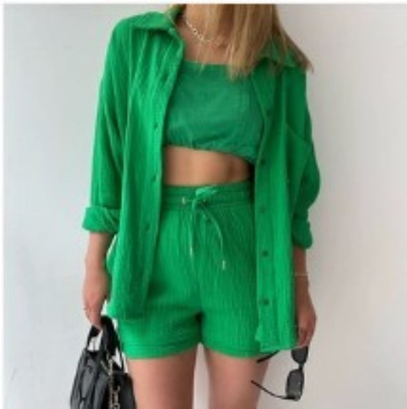 Spring Champray Lapel Long Sleeve Shirt High Waist Drawstring Shorts Plus Size Fashion Casual Set Pi-Mart