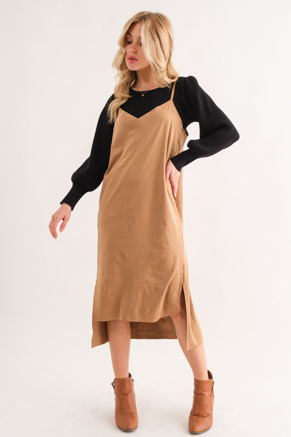 Faux Suede Cut Edge Slit Cami Midi Dress – Elegant Midi Dress, Faux Suede Dress, Chic Slit Dress, Sophisticated Dress, Versatile Cami Dress Stevvex