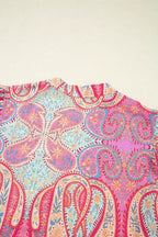 Rose Ethnic Paisley Print Ruffle Sleeve Notch Neck Midi Dress