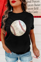 Black Heat Transfer Baseball Print Cotton Blend T Shirt