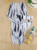 Horizon Haze 3-Piece Tie Dye Bandeau Bikini Set for Women – Strapless Tube Top with Long Sleeve Semi-Sheer Cover-Up Dress for Summer – Artistic Stripe Print Swimwear Ensemble for Bold Summer Fashion
