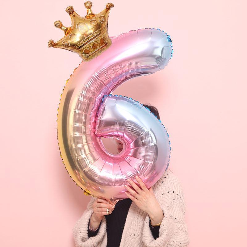 Luxury Gradient Modern 32inch Rainbow number Foil Balloons For Birthday party Decorations Kids Rose Ballons With Crown From 0-9 Numbers - SJB-DIAMOND ELITES