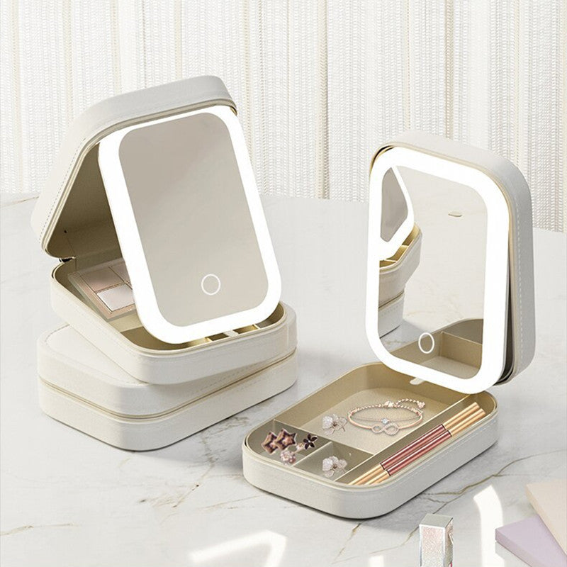 Makeup Storage Box With LED Light Mirror Portable Travel Makeup Cosmetics Storage Box Touch Light Storage Organizer Pi-Mart