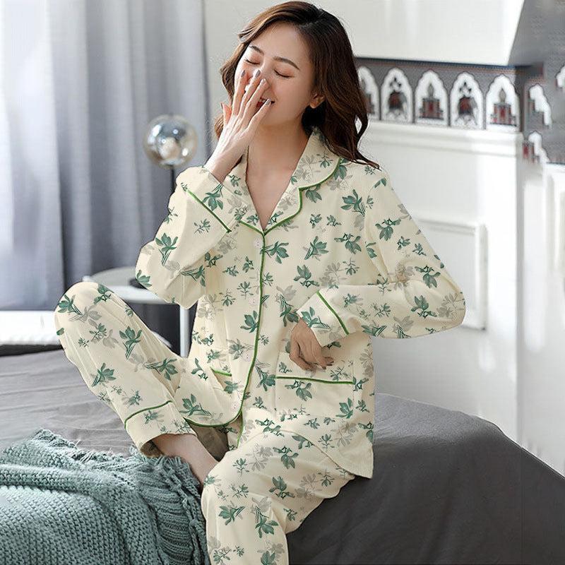 Elegant Women's Autumn And Winter Cotton-like Long Pajamas Two-piece Set Pi-Mart