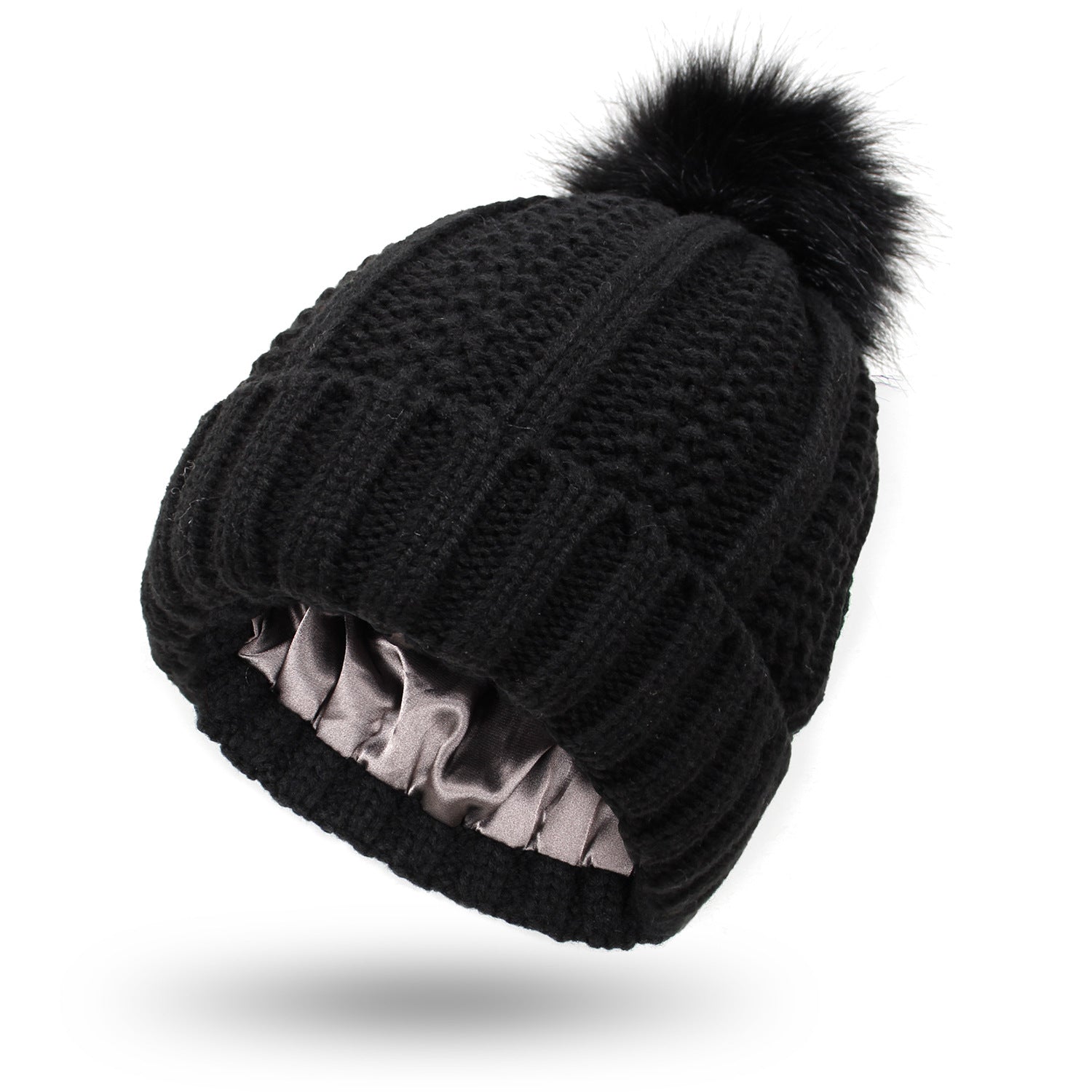 Fashion Stretchy Satin Lined Skull Knit Hats Beanie Hat For Women Faux Fur Pom Pom Hat Winter Keep Warming Beanie Hat Pi-Mart
