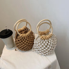 Woman Girl Fashion Woven Handbag Beach Style Wood Handle Drawstring Bucket Bag Pi-Mart