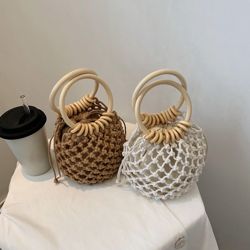 Woman Girl Fashion Woven Handbag Beach Style Wood Handle Drawstring Bucket Bag Pi-Mart