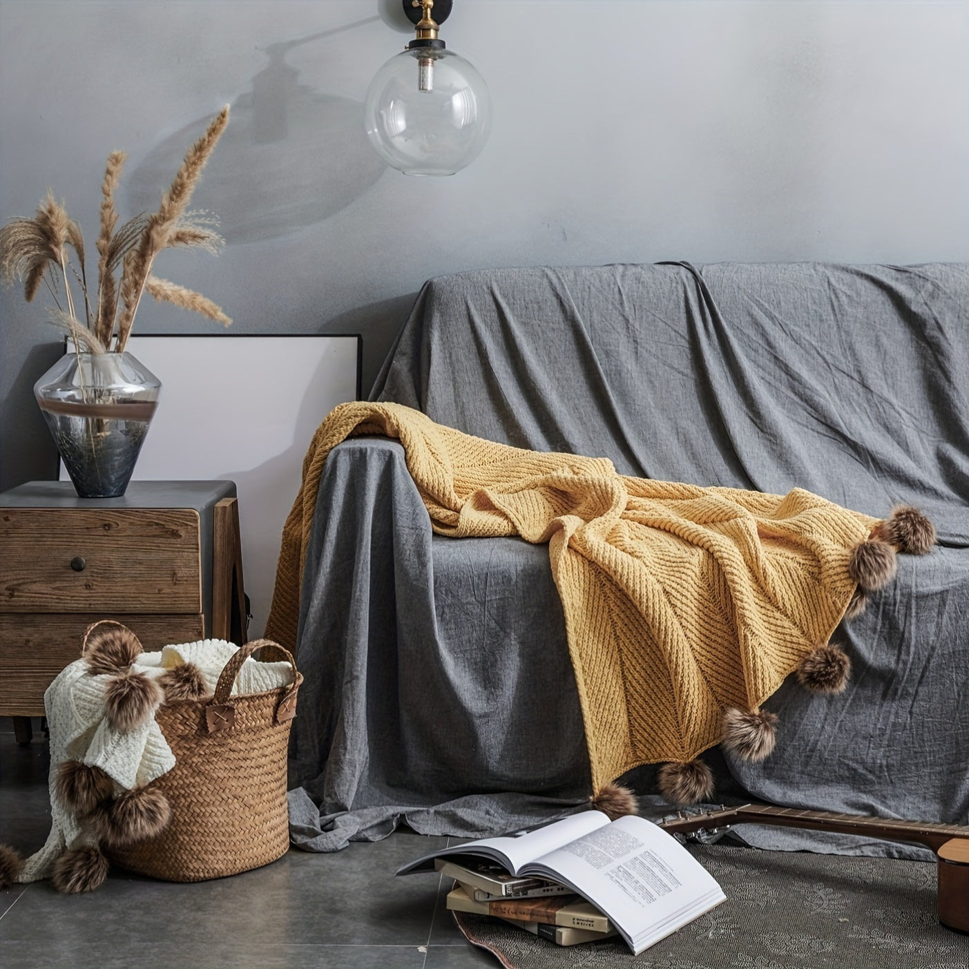 Vintage Chunky Knit Throw Blanket with Pom-pom Embellishment, Space Theme, All Seasons Polyester Cover, Knitted Casual Office Living Room Bedroom Nap Sofa Bed End Blanket 1PC Lootquake LLC