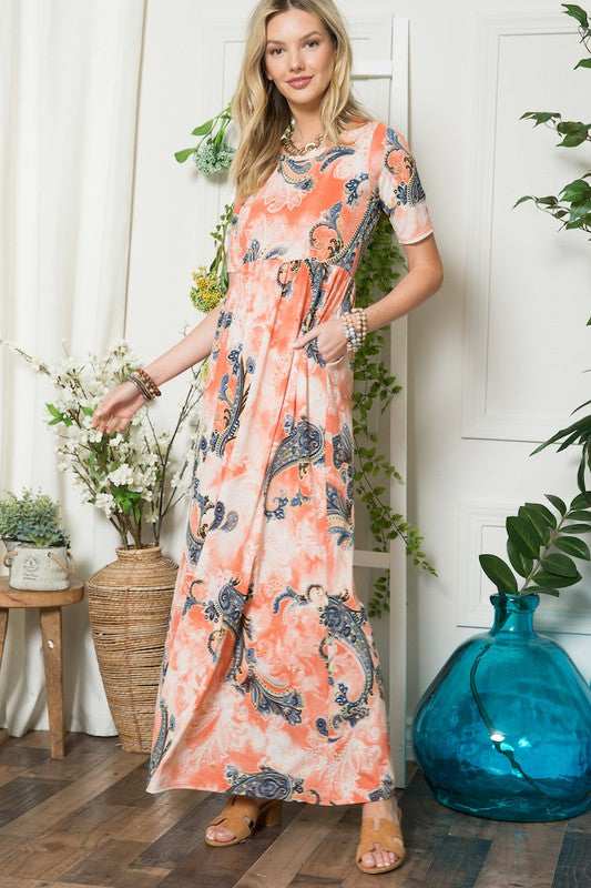 Celeste Paisley Print Short Sleeve Maxi Dress with Pockets Effortlessly Stylish, Fluttering, Comfortable, and Versatile with Pockets for Added Convenience Stevvex
