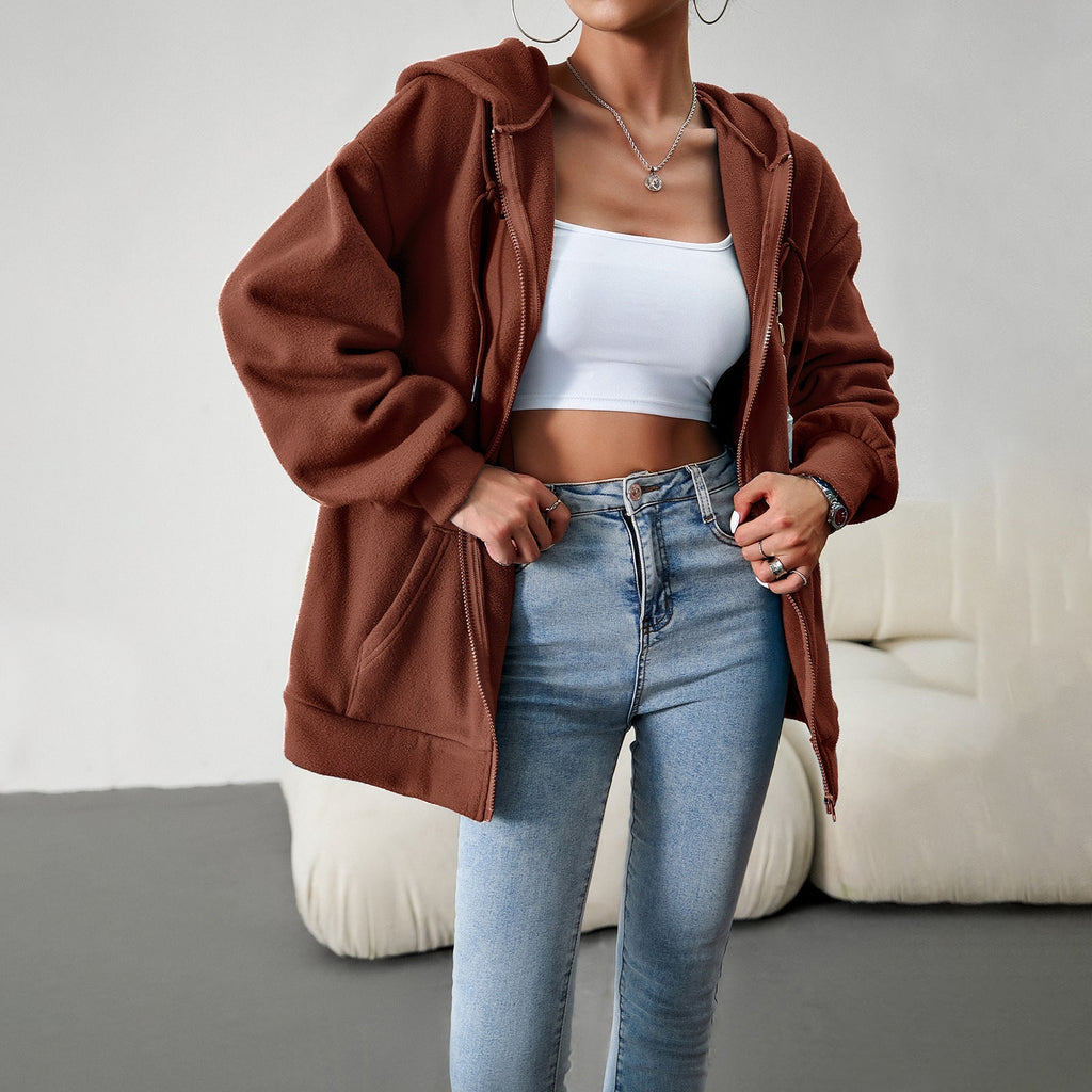 Casual Fashion Hooded Cardigan Jacket With Pockets Winter And Autumn Loose Sports Coat Women Solid Outwear Clothing Pi-Mart