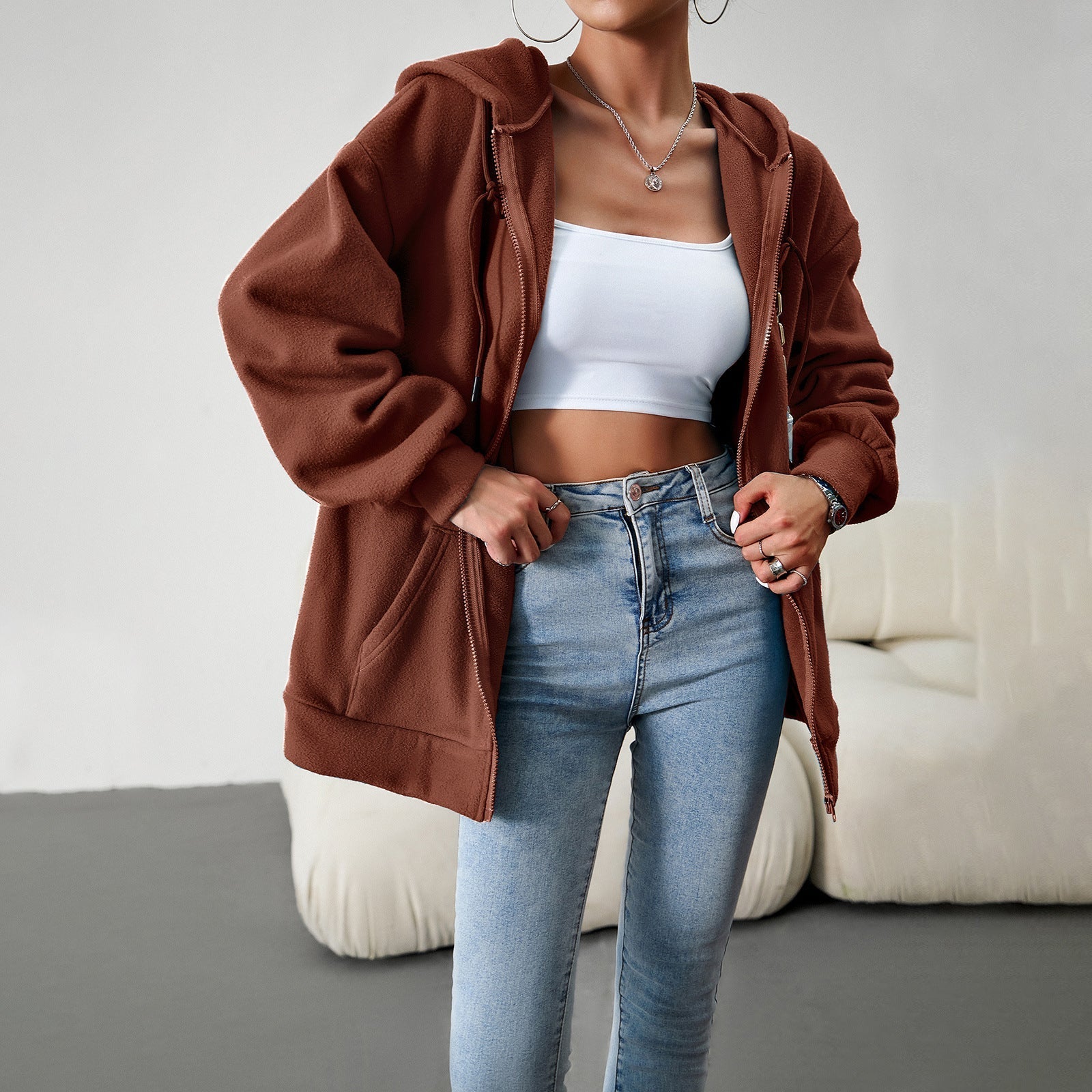 Casual Fashion Hooded Cardigan Jacket With Pockets Winter And Autumn Loose Sports Coat Women Solid Outwear Clothing Pi-Mart
