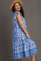 Blue Full Size Two-Tone Print Ruffle Cap Sleeve Midi Dress Plus Size Statement Piece Dress Stevvex