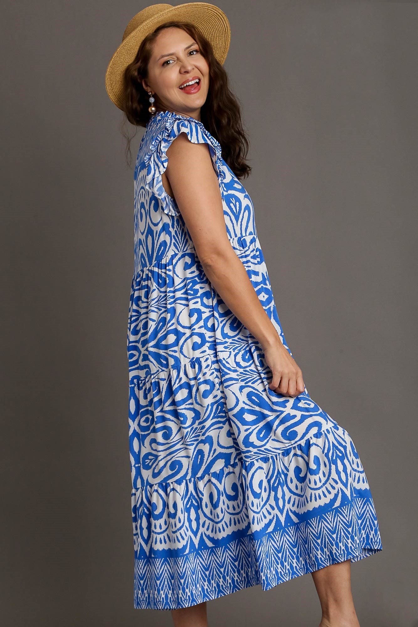 Blue Full Size Two-Tone Print Ruffle Cap Sleeve Midi Dress Plus Size Statement Piece Dress Stevvex