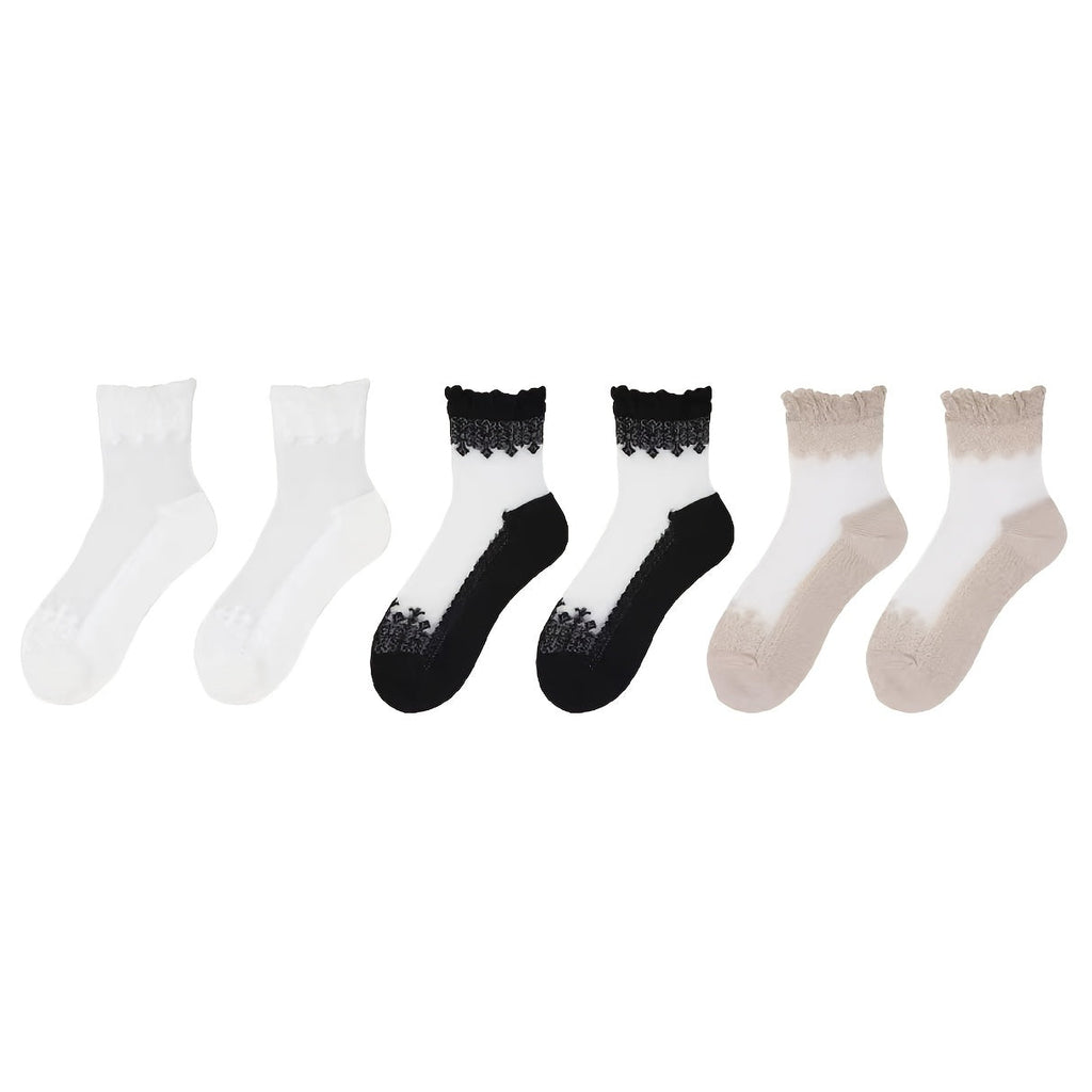 6 Pairs Soft & Breathable Lace Patchwork Crew Socks - Women's Calf Socks with Comfortable Stockings & Hosiery for Everyday Wear Lootquake LLC