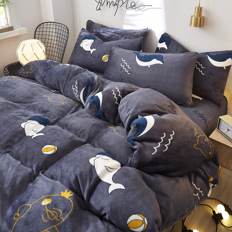 Flannel Bed Sheet Cover, Quilt Cover, Pillowcase And Bedding Set Of 4 Pi-Mart