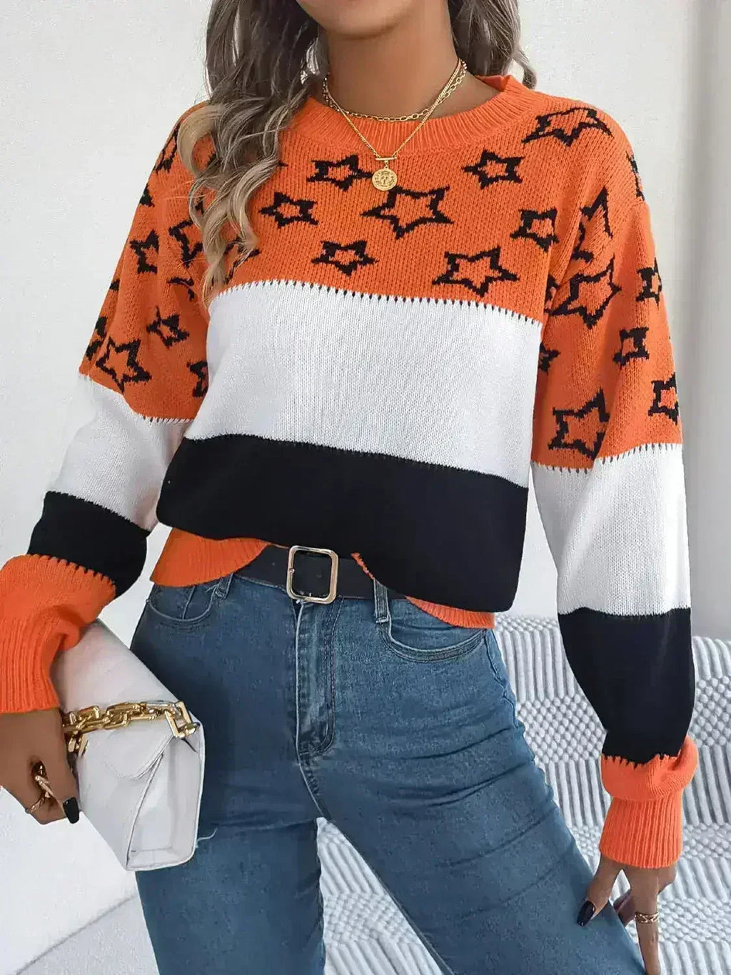 Star Contrast Round Neck Sweater - SJB-DIAMOND ELITES