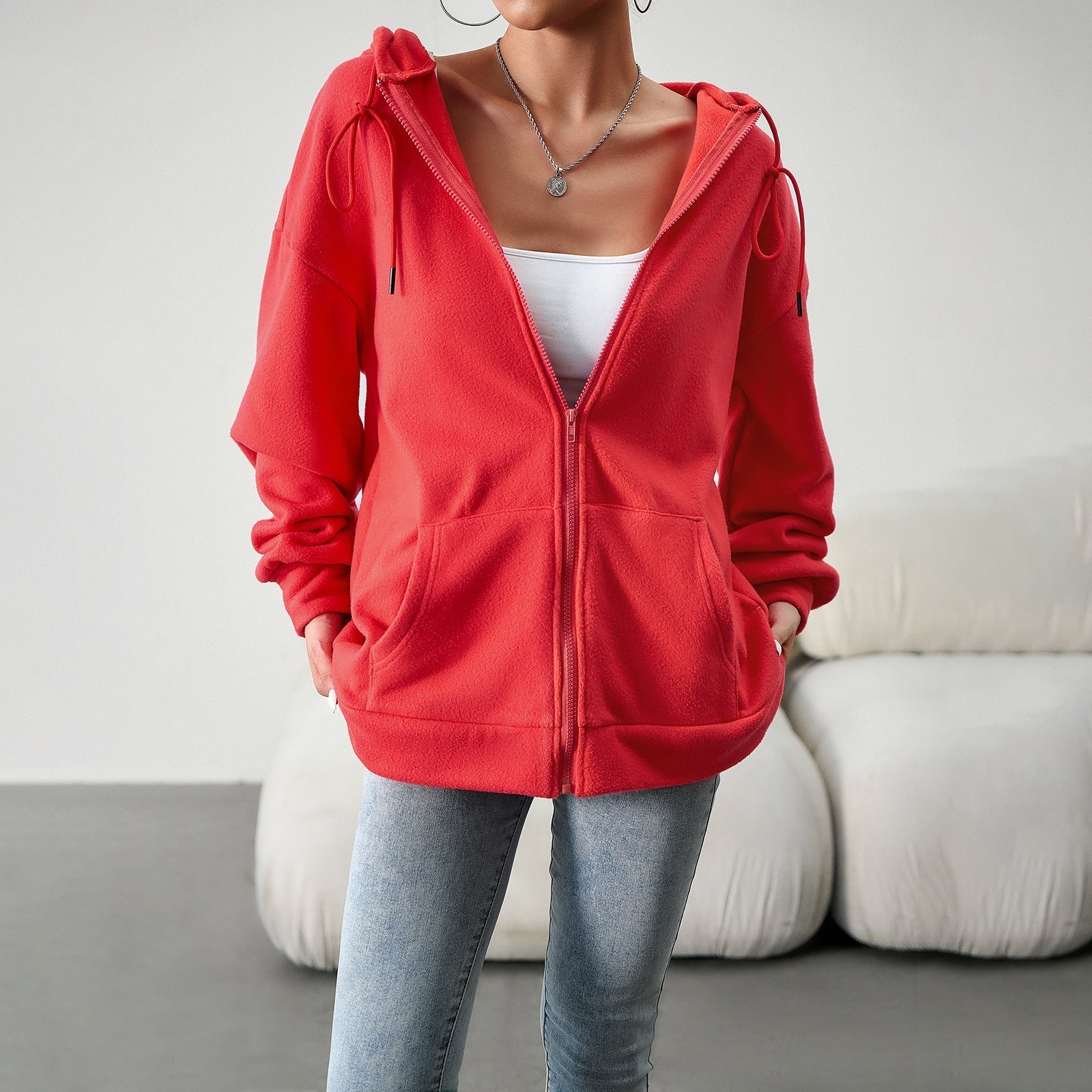 Casual Fashion Hooded Cardigan Jacket With Pockets Winter And Autumn Loose Sports Coat Women Solid Outwear Clothing Pi-Mart