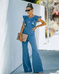 Women's Slim Fit round Ne Jumpsuit Casual  Color High Waist Long Pants Commute Sle Polyester Denim Fabric Summer Purplish Diva