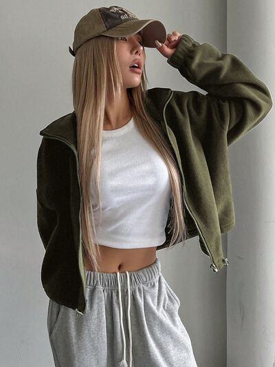 Stylish Zip-Up Long Sleeve Cropped Jacket Trendy & Lightweight Outerwear for a Chic Look Stevvex