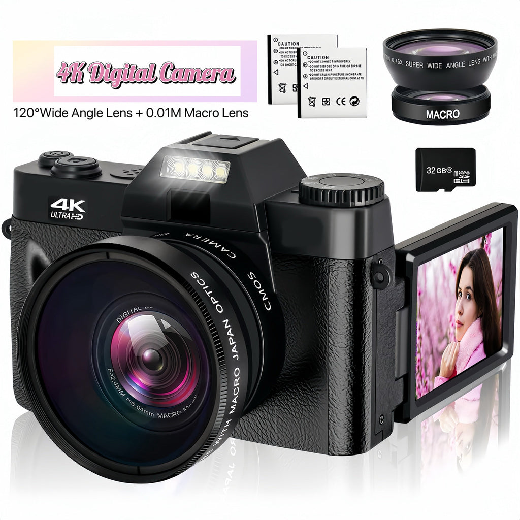 4K 48MP 16X Autofocus Digital Camera for Photography and Video, WiFi Enabled, 3" 180° IPS Flip Screen, Anti-Shake, Compact Vlogging Camera with 32GB Card and 2 Batteries Lootquake LLC