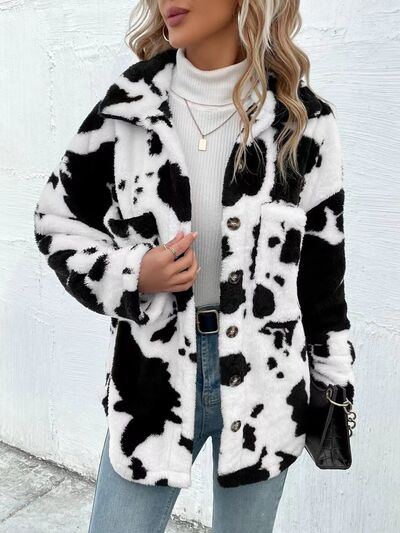 Trendy Black White Cozy Cow Print Collared Neck Button Up Fuzzy Jacket Modern & Warm Outerwear Stevvex