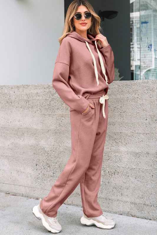 Solid Corduroy Lace Hoodie and Pants Set THRIXINE
