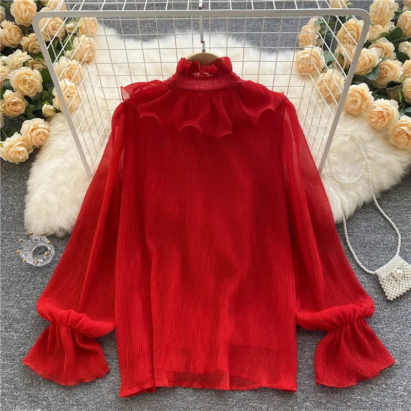 French Elegant Shirts Women Design Diamonds Loose Casual Tops Long Sleeve Ruffles Gentle Office Lady Blouses Spring Purplish Diva