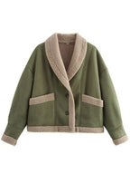 Fuzzy Collared Neck Long Sleeve Jacket with Buttoned Closure and Cozy Pockets Stevvex