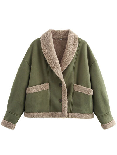 Fuzzy Collared Neck Long Sleeve Jacket with Buttoned Closure and Cozy Pockets Stevvex