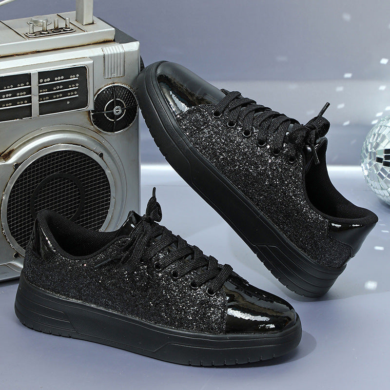 Glitter Sequin Design Flats Shoes Women Trendy Casual Thick-soled Lace-up Sneakers Fashion Skateboard Shoes Pi-Mart