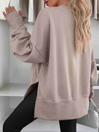 Side Slit Round Neck Long Sleeve Sweatshirt THRIXINE