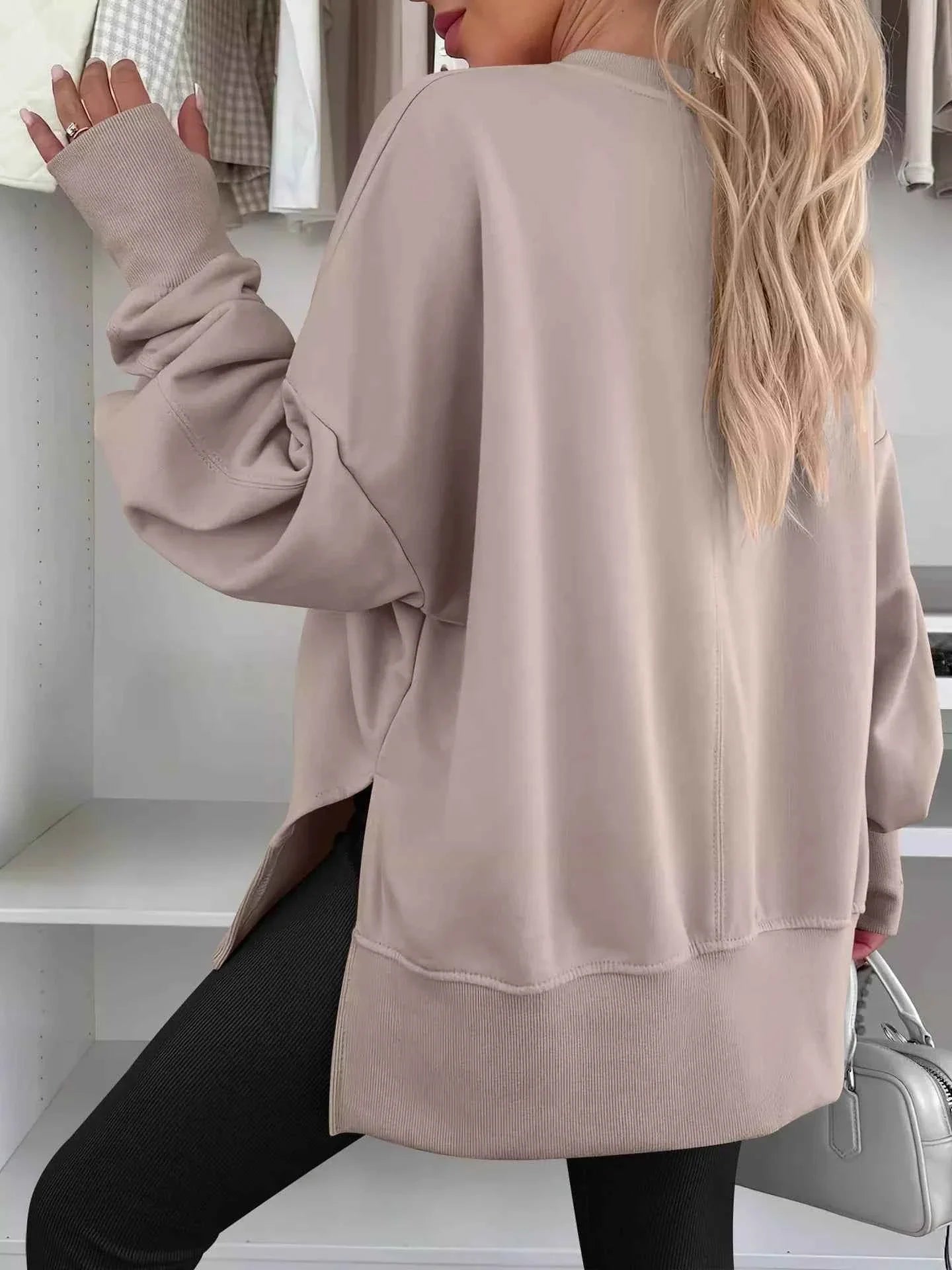 Side Slit Round Neck Long Sleeve Sweatshirt THRIXINE