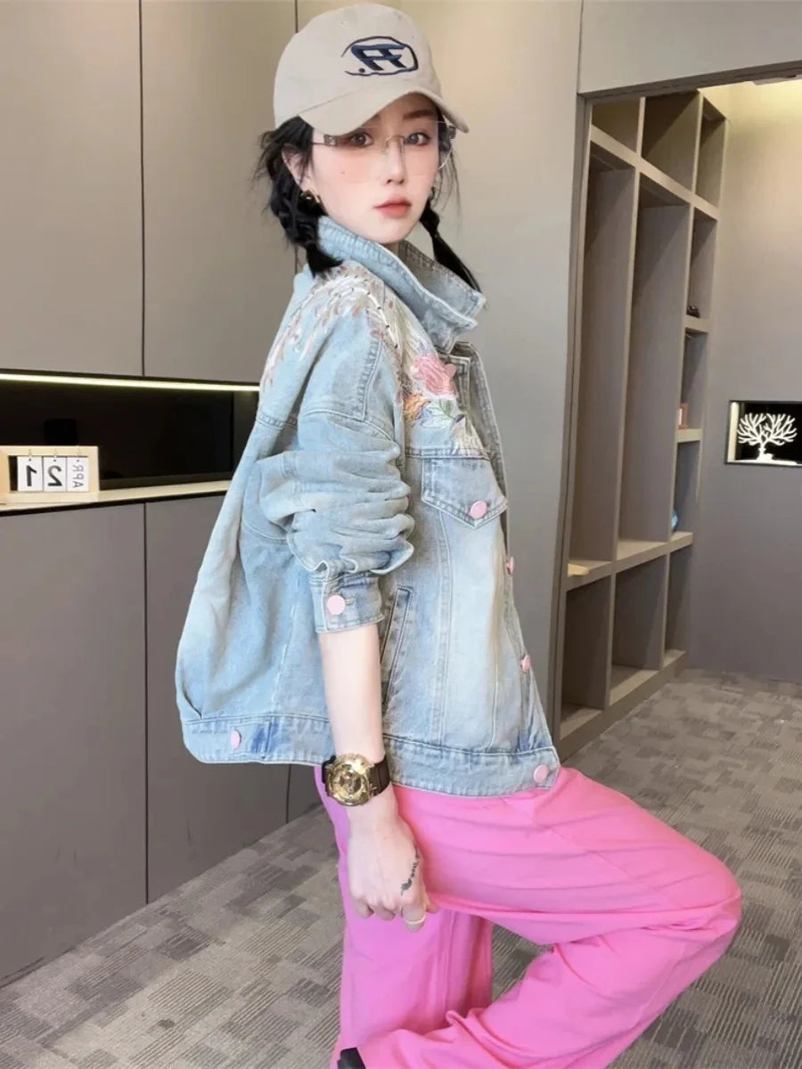Spring Autumn Short Denim Jacket 2025 New Women's Embroidery Denim Outwear Chinese Style Women Denim Coat Women Loose Jeans Coat Purplish Diva