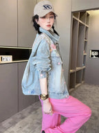 Spring Autumn Short Denim Jacket 2025 New Women's Embroidery Denim Outwear Chinese Style Women Denim Coat Women Loose Jeans Coat Purplish Diva
