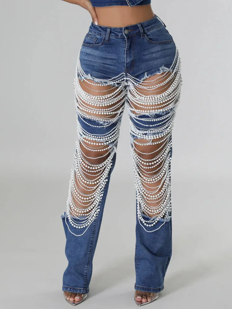 Women's Destroyed Ripped Hole Denim Pants Pearl Rhinestones Chain Distressed Slim Fit Skinny Jeans Y2K Night Club Party Jeans Purplish Diva