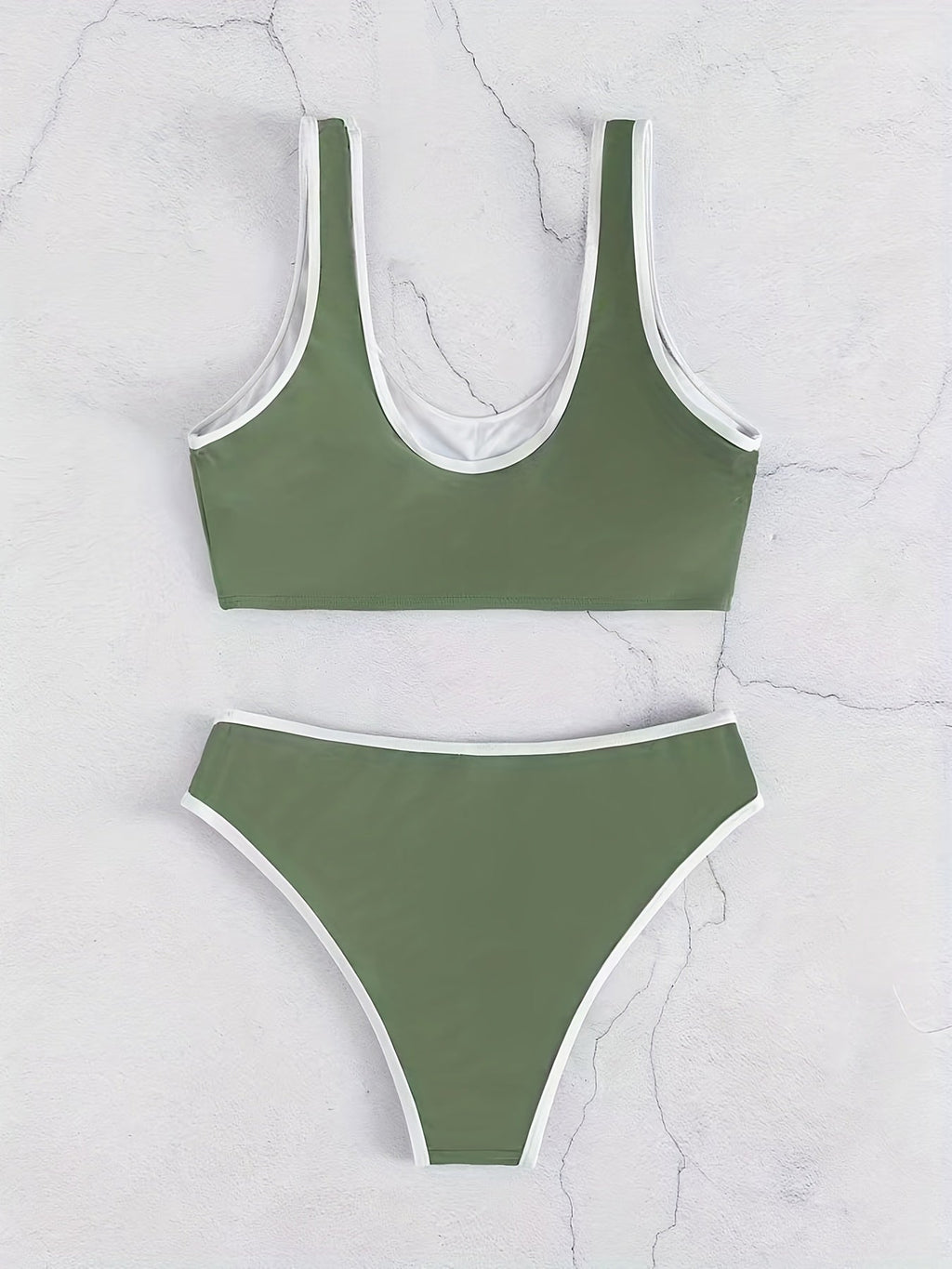 Bikini Scoop Neck Contrast Trim 2 Piece Swimsuit for Women – High Stretch Casual Bikini Set with Scallop Edge Detail and Matching Swim Briefs – Stylish Solid Color Swimwear for Beach Days Pool Lounging and Summer Vacations Stevvex