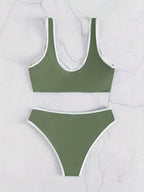 Bikini Scoop Neck Contrast Trim 2 Piece Swimsuit for Women – High Stretch Casual Bikini Set with Scallop Edge Detail and Matching Swim Briefs – Stylish Solid Color Swimwear for Beach Days Pool Lounging and Summer Vacations Stevvex