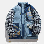 Denim Stitching Embroidered Stand-up Collar Cotton Coat Pi-Mart