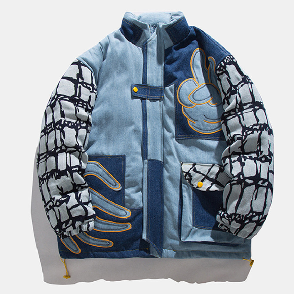 Denim Stitching Embroidered Stand-up Collar Cotton Coat Pi-Mart