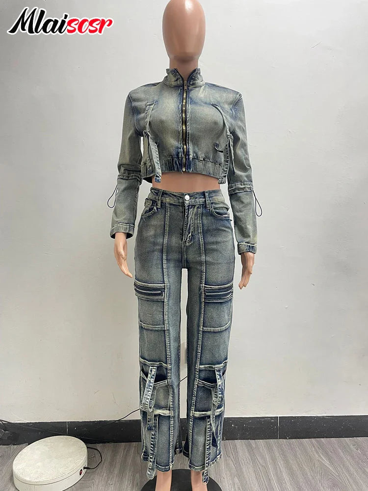 Mlaiscsr Vintage Stretch Denim 2 Piece Pants Sets Women Zip Slim Jackets and Pocket Cargo Jeans Outfit Streetwear Winter Suits Purplish Diva