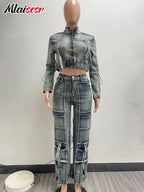 Mlaiscsr Vintage Stretch Denim 2 Piece Pants Sets Women Zip Slim Jackets and Pocket Cargo Jeans Outfit Streetwear Winter Suits Purplish Diva
