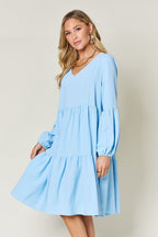 Light Green Double Take Full Size V-Neck Sleeve Tiered Dress with Pockets Elegant & Comfortable Casual Dress Stevvex