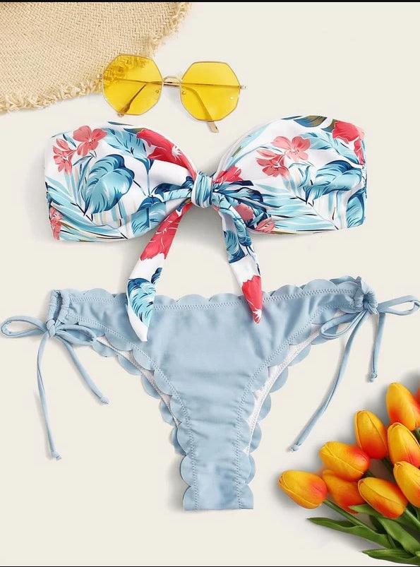 Beach Bikini Woman Lace Up Tie Strapless Leopard Swimsuit  Women's Halter Bikini V Cut Bottom Lace Up Two Piece Swimsuits Female Push Up Ruffled Bow Bathing Suit Thong Swimwear Stevvex