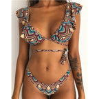 Beach Bikini Woman Lace Up Tie Strapless Leopard Swimsuit  Women's Halter Bikini V Cut Bottom Lace Up Two Piece Swimsuits Female Push Up Ruffled Bow Bathing Suit Thong Swimwear Stevvex