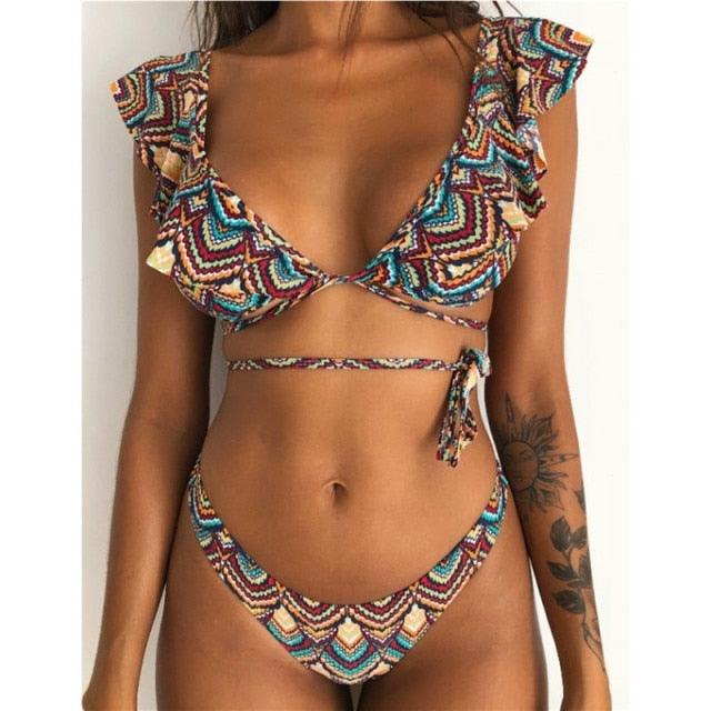 Beach Bikini Woman Lace Up Tie Strapless Leopard Swimsuit  Women's Halter Bikini V Cut Bottom Lace Up Two Piece Swimsuits Female Push Up Ruffled Bow Bathing Suit Thong Swimwear Stevvex